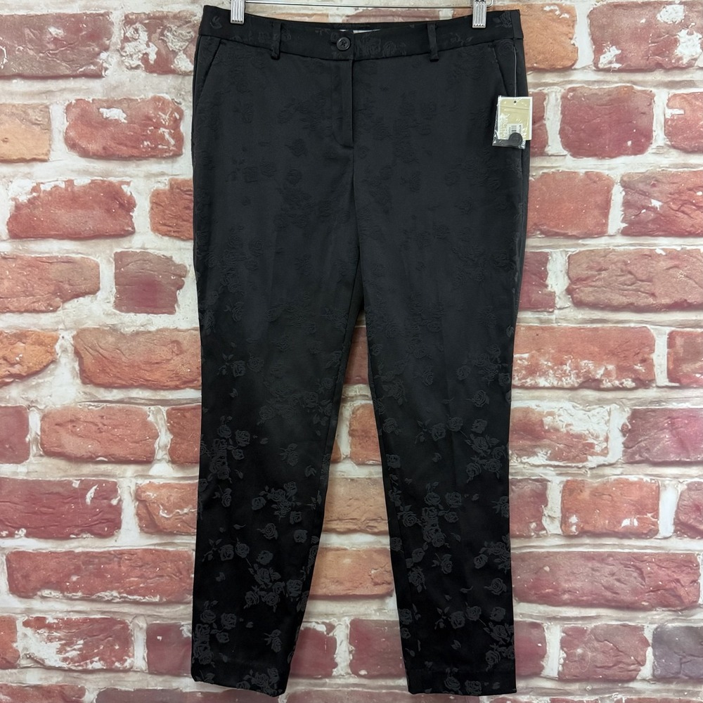 Michael Kors Dress Pants Women's 8 Petite Black Floral Satin Jacquard Trousers